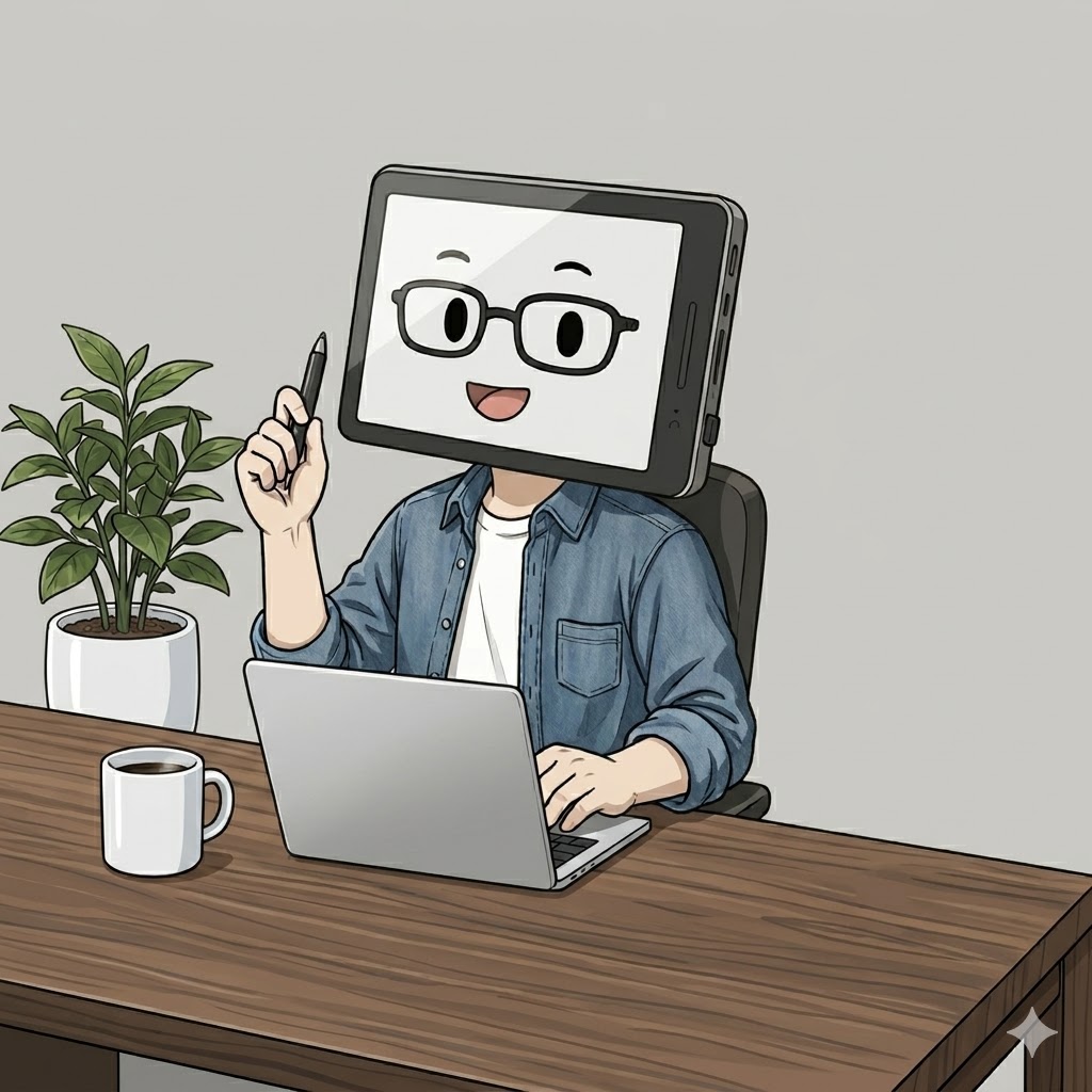 deskmori Editor — tablet-faced character with glasses, sketching at a desk